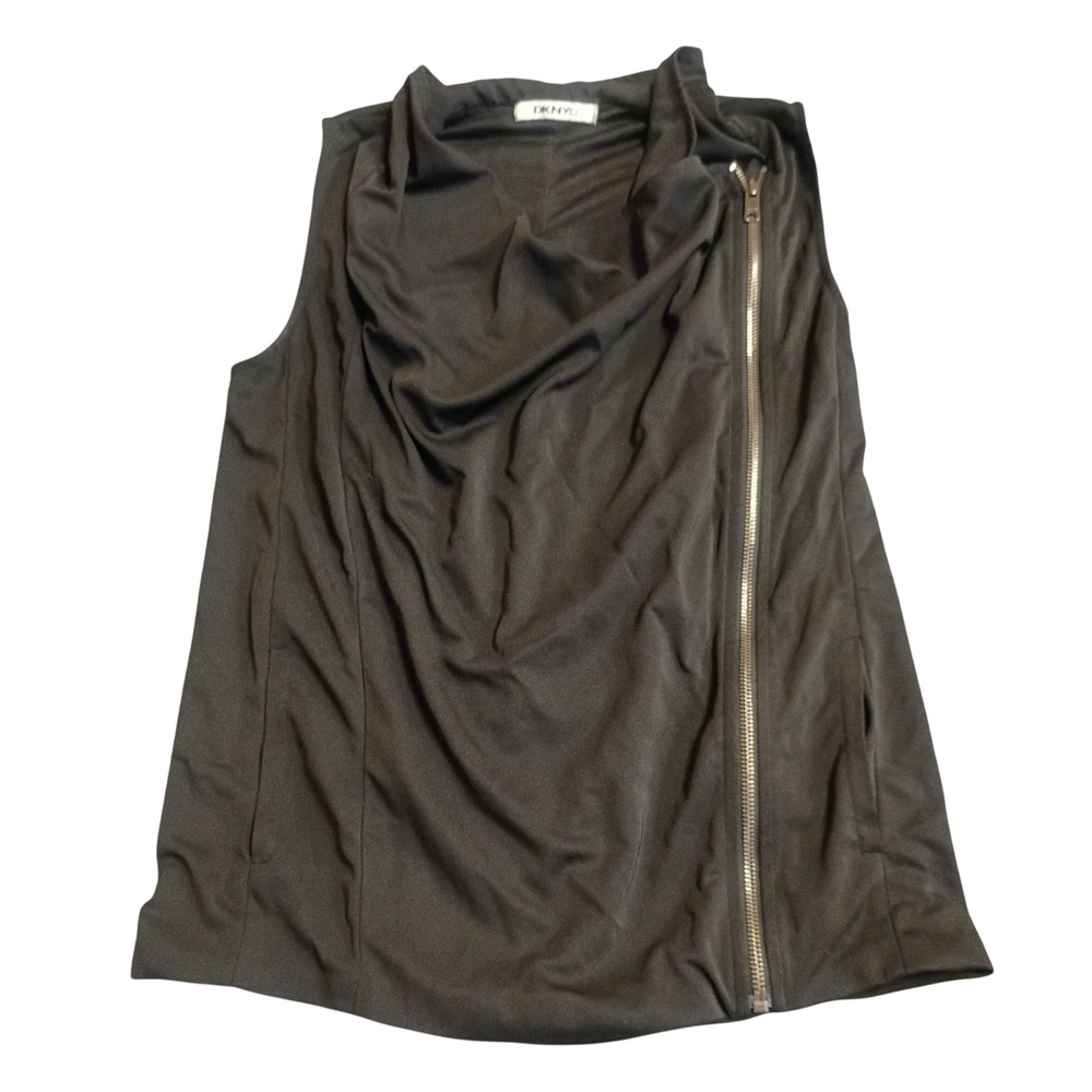 DKNYC Asymmetrical Zip Cowl Neck Sleeveless Top Womens S Black Draped Edgy Moto